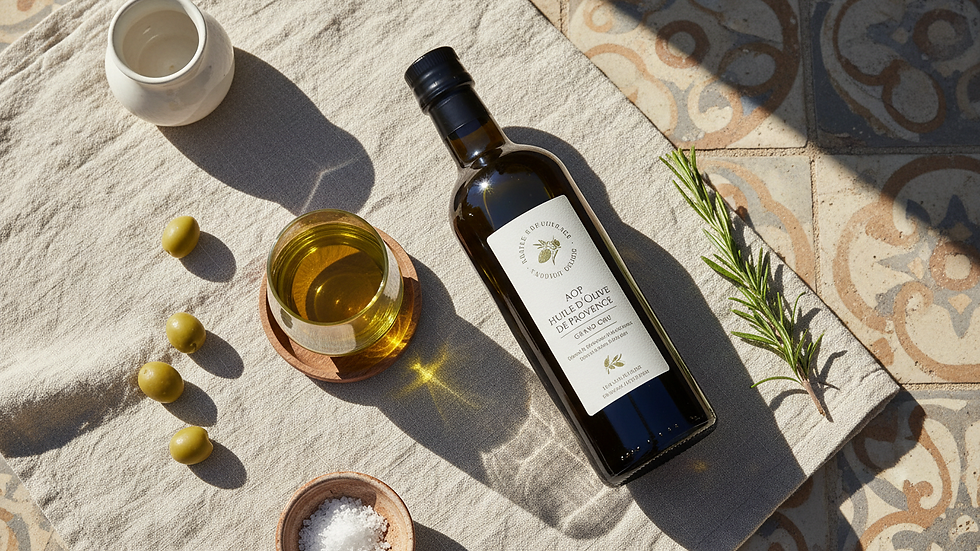 Vue en plongée d'une bouteille d'huile d'olive AOP avec un verre de dégustation