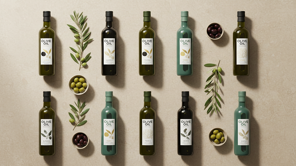 Vue en plongée d'un assortiment d'huiles d'olive dans des bouteilles élégantes