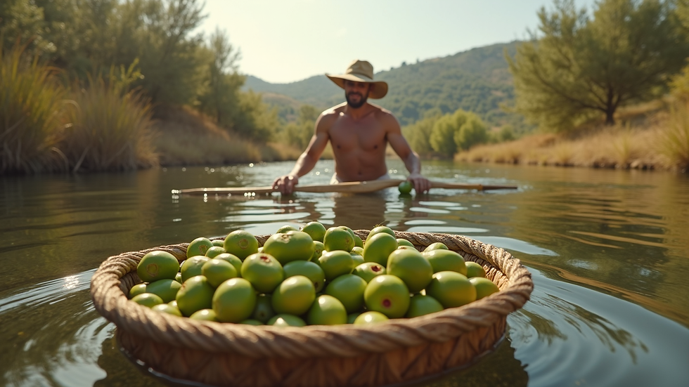 Vue en plongée d’un artisan récoltant des olives vertes dans un panier en osier