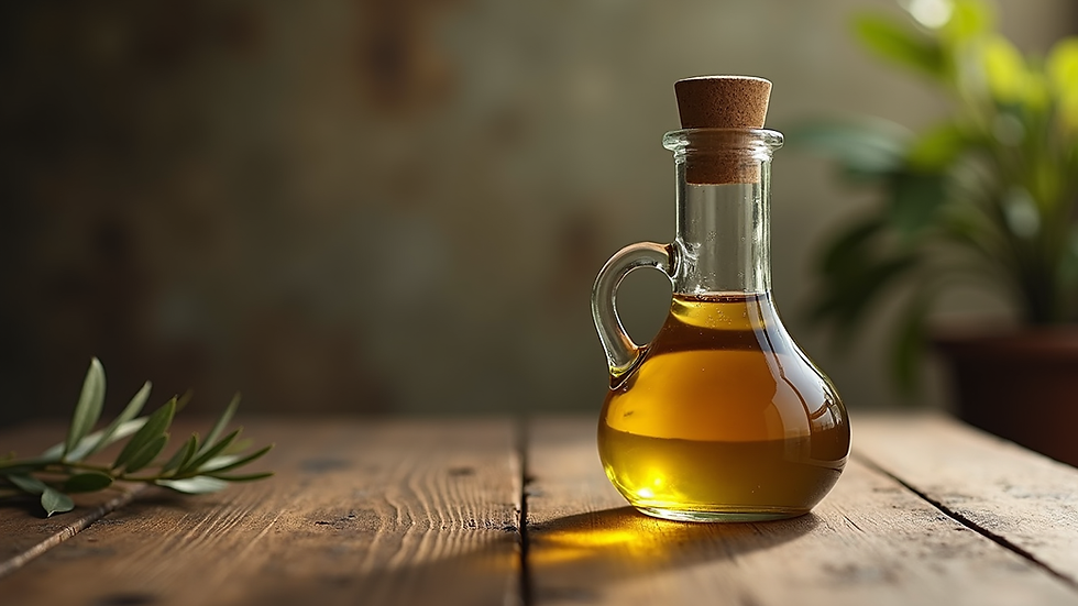 Vue rapprochée d'une bouteille d'huile d'olive artisanale portugaise sur une table rustique