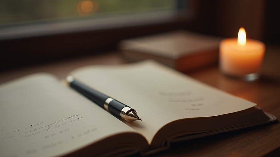 Close-up view of a journal and pen resting on a wooden table beside a lit candle