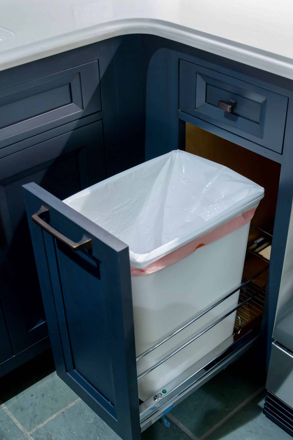 River Road lower cabinet trash can kitchen design by Top's Designs, Appliances, & Cabinetry