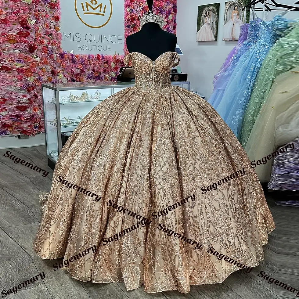 Thumbnail: Sagemary Sparkly Ball Gown Quinceanera Dresses for Girls Lace Up Off the