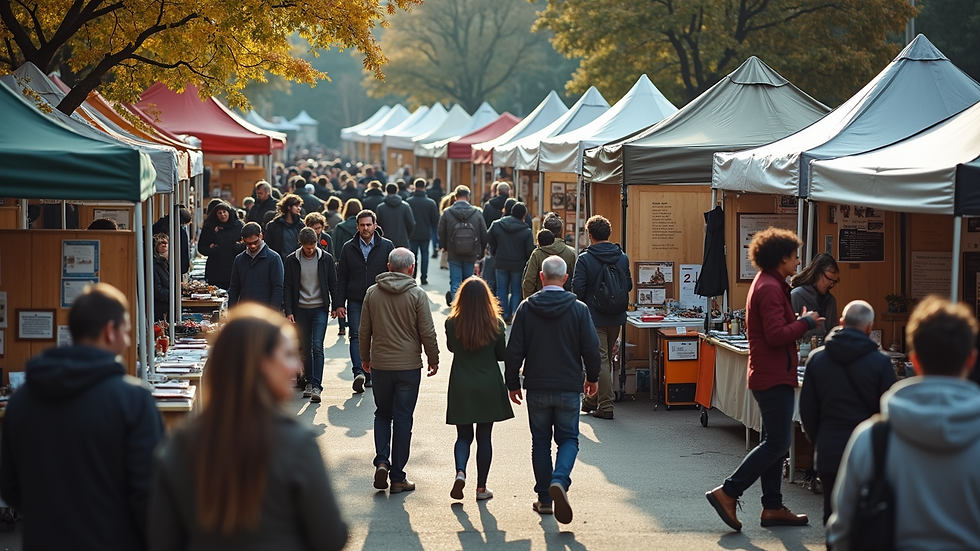 High angle view of a community gathering with informational booths