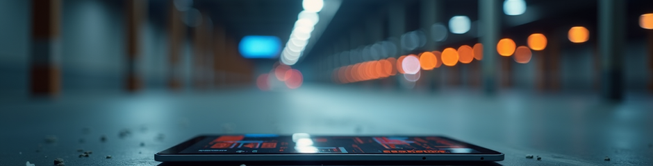 Tablet with glowing screen on dusty floor