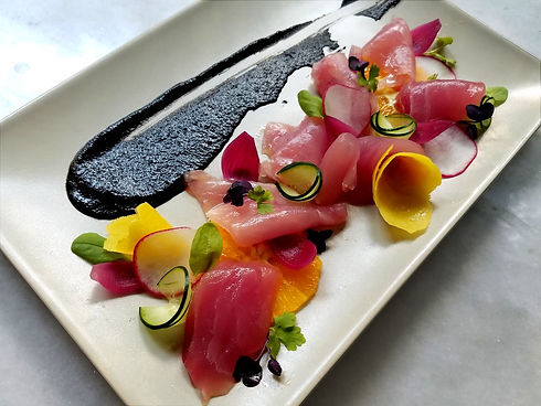 Ahi Tuna Crudo with Black Sesame Puree, Pickled Red Onions, Oranges, Lemon Peel Confit.jpg