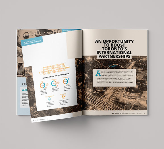 Second interior spread of the Toronto Board of Trade Metropolitan Partnerships report showing data visualization and editorial layout adhering to both the subsidiary company branding and Board of Trade visual standards.
