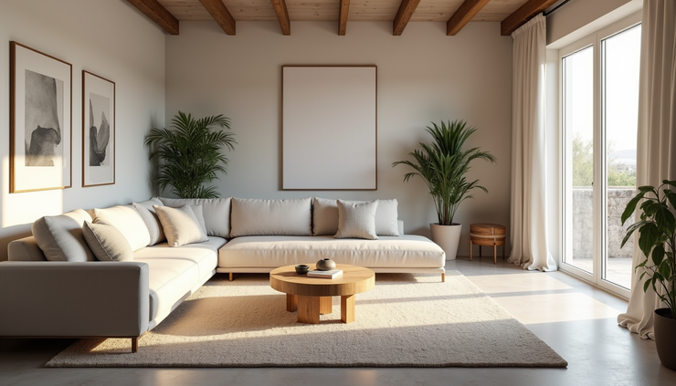 Vista ampla de sala moderna reformada com iluminação natural e móveis planejados