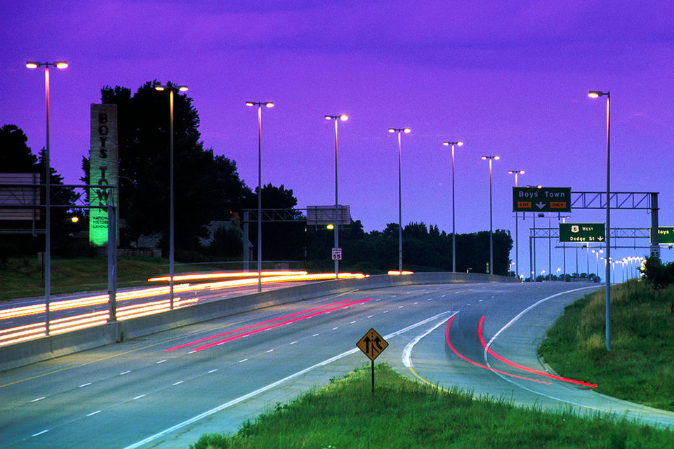 SL1002 Nighttime View of Roadway Lighting with Valmont Steel Street Lighting Poles