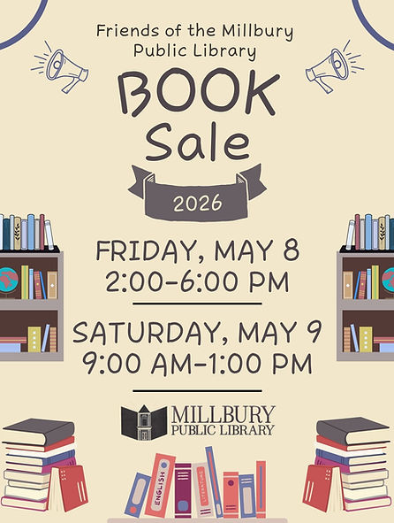 Book Sale Spring 2026 Friday 05/08 from 2 pm to 6 pm and Sat. 05/09 from 9 am to 1 pm