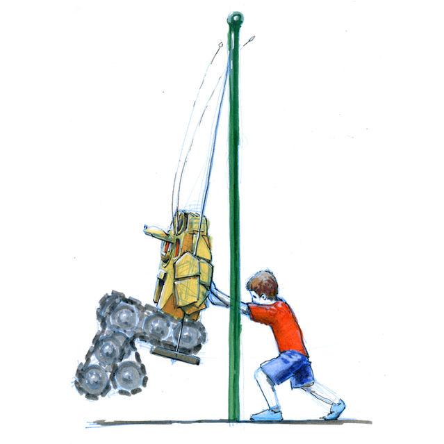 a sketc of a kid pushing papa tank on the swing