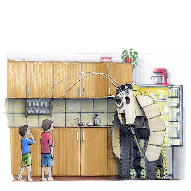 marker sketch of papa tank standing in the kitchen