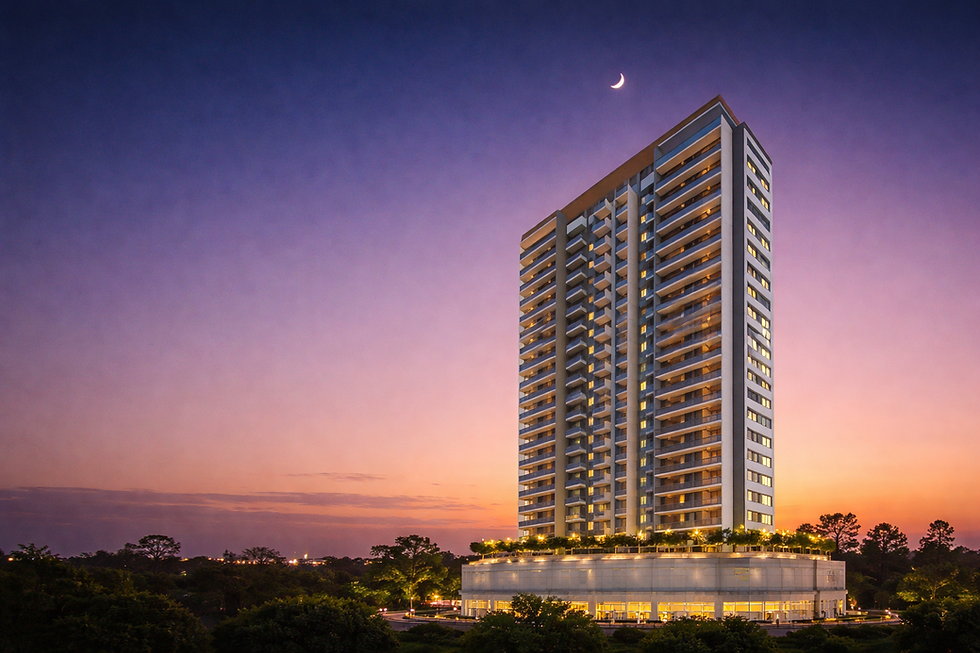 Modern residential building at twilight with crescent moon