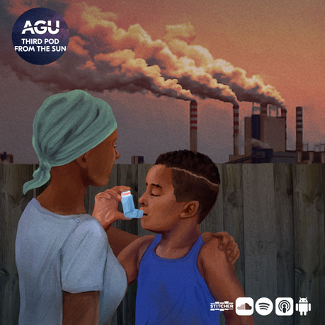 An illustration of a Black mother with her arm around her young son, who's holding an inhaler to his mouth. They're standing in front of a power plant that's releasing billowing clouds of pollution.