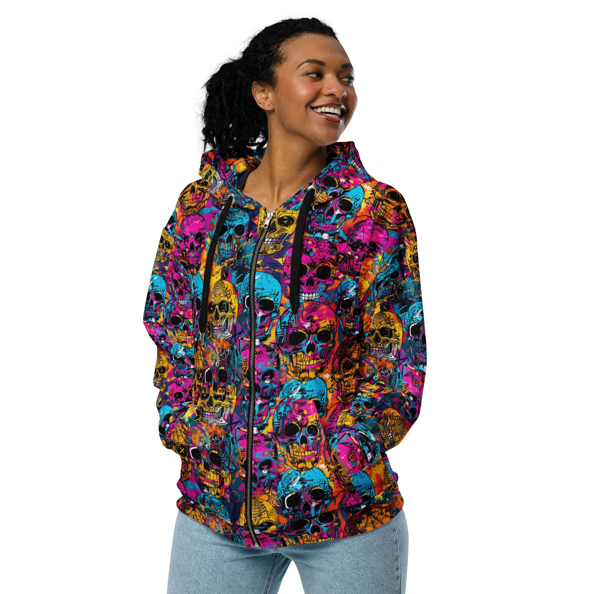 Graffiti Skulls Unisex Zip Hoodie - Multicolor