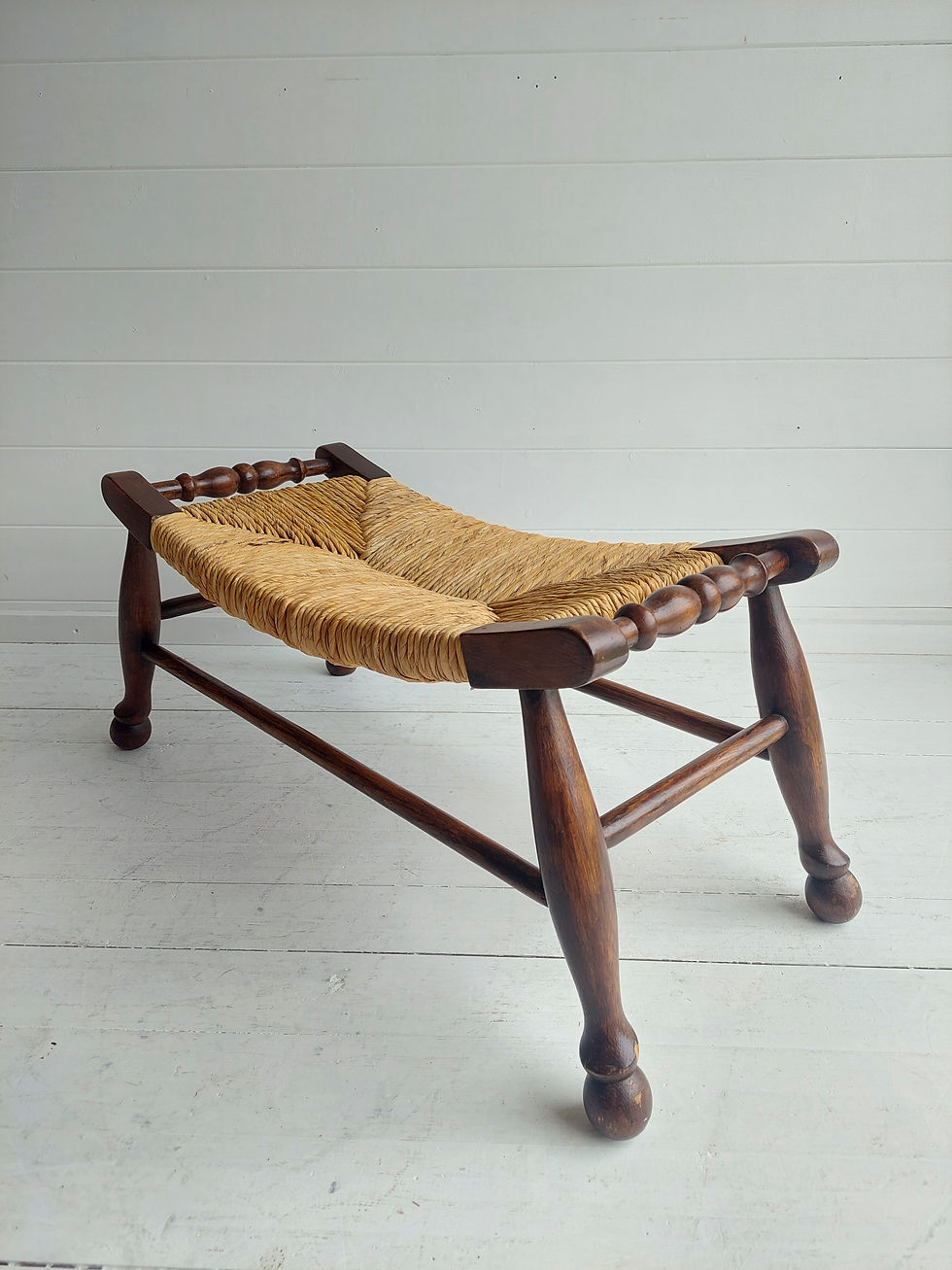 Thumbnail: Arts & Crafts Oak & Rush Woven Foot Stool Bench 1900s