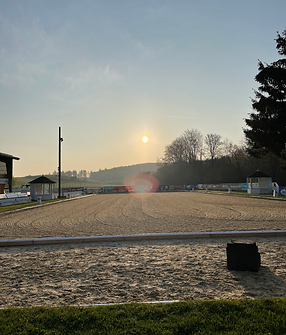 großer Dressurplatz in der Sonne mit Richterhäuschen und Aufstiegshilfe