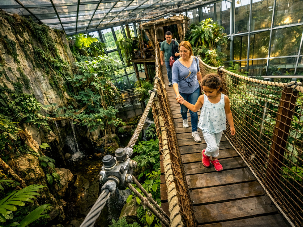 A woman and child joyfully walk hand in hand on a rope bridge in a lush indoor greenhouse with rocky walls and vibrant green plants.