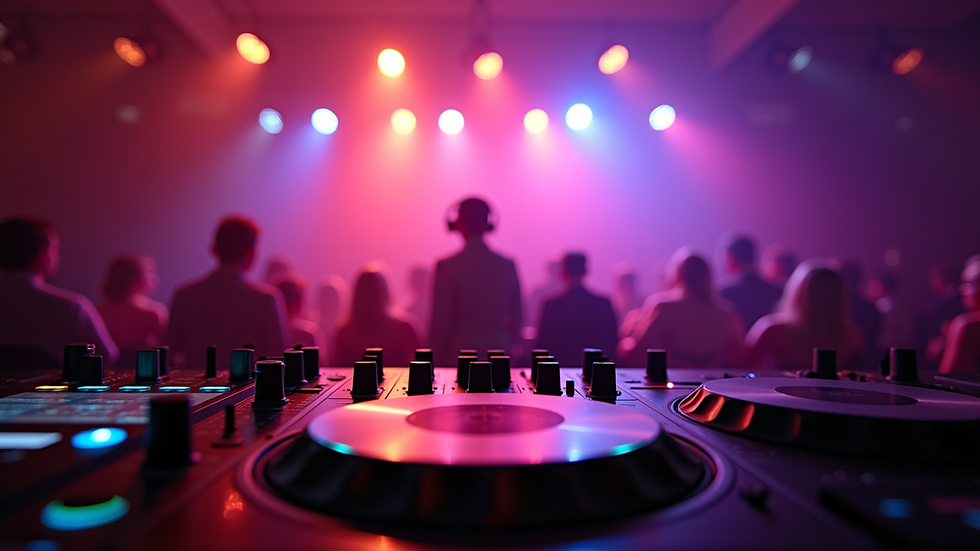 Eye-level view of a DJ booth with colorful lights at a wedding reception