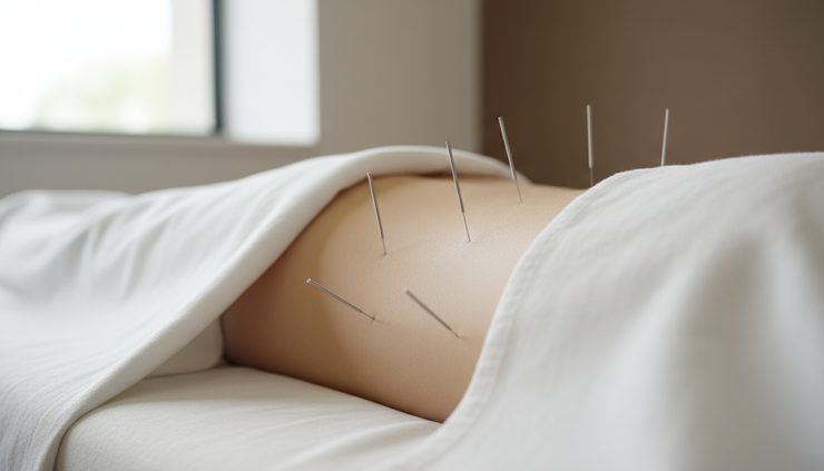 Close-up view of acupuncture needles placed near the lower back during a treatment.