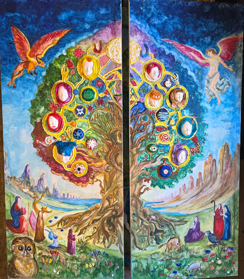 Tree, masks, birds, mountains.