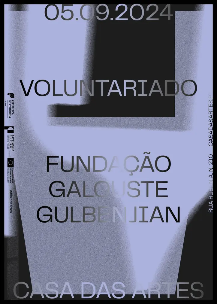Abstract poster in blue and gray tones promoting a volunteer event by Fundação Calouste Gulbenkian at Casa das Artes.
