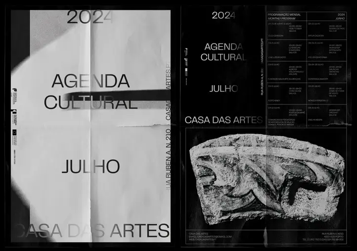 Black-and-white poster showing July 2024 cultural events at Casa das Artes, with bold typography and a stone sculpture image.