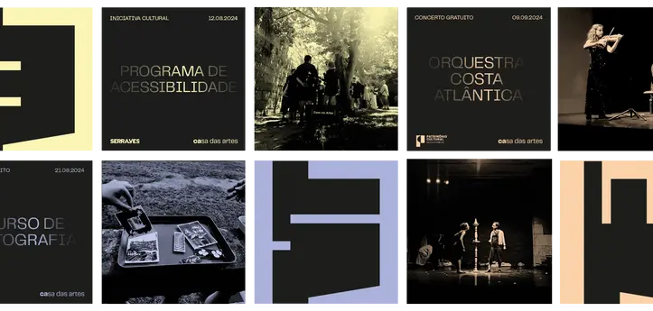 Six-part collage showing events like concerts, photography courses, and accessibility programs hosted by Casa das Artes and Serralves.