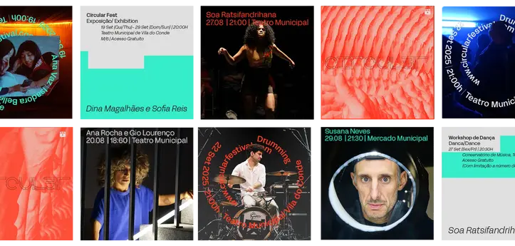 Collage of posters for Circular Festival performances and workshops, showing artists, dates, and venues in Vila do Conde.
