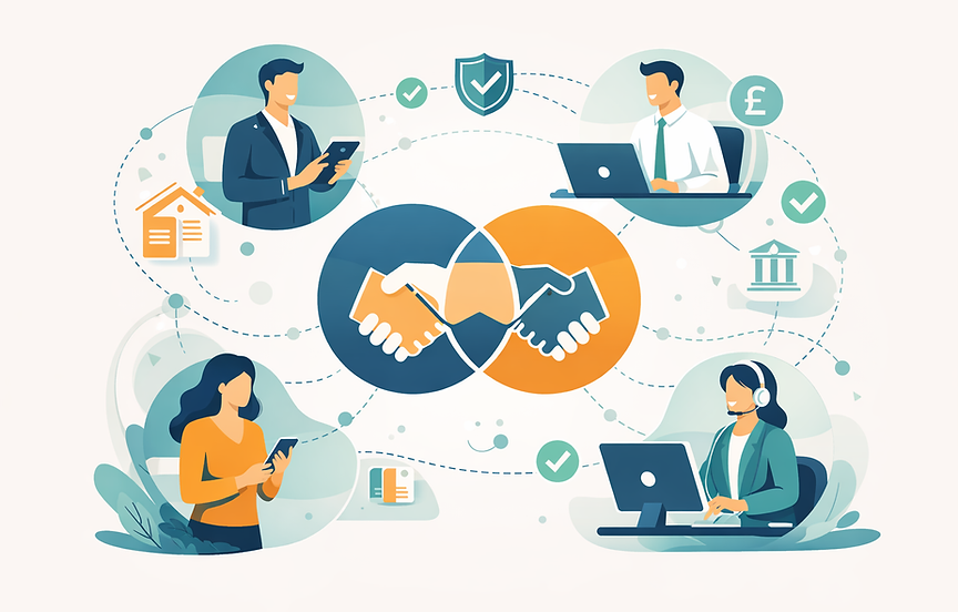 Shows an image of all parties within a property transaction working collaboratively