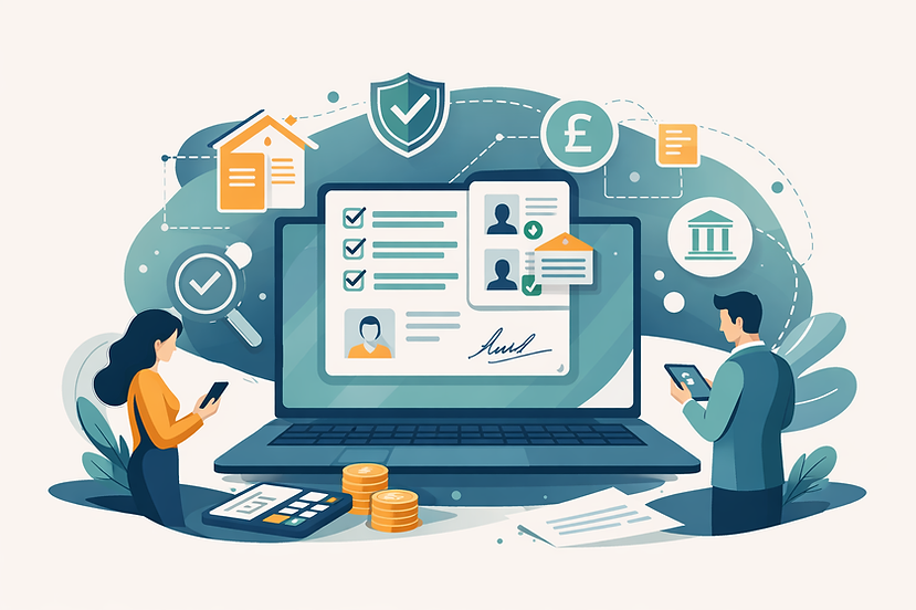 Shows an image of people and technology helping to improve property transactions