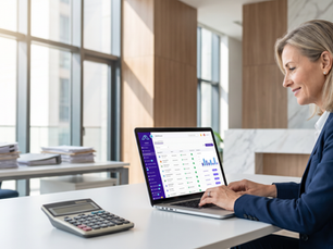 Administradora usando la app para condominios de HAÛS en su computadora para identificar pagos y transferencias automáticamente.