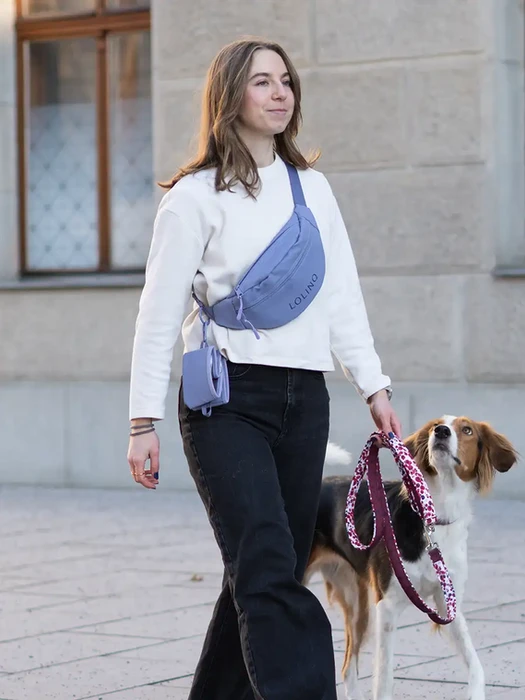 Crossbody Bag und Faltnapf getragen