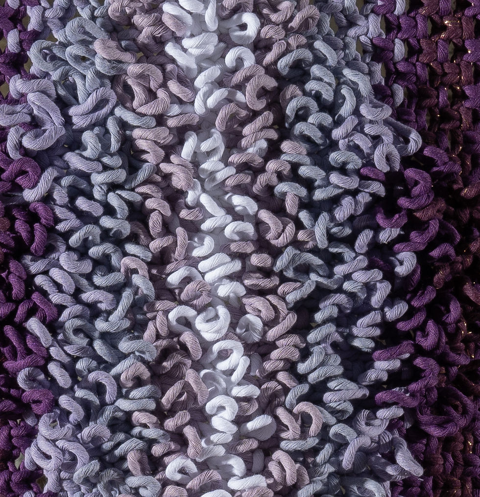 Close up of upper textured section of picots in varying colours of purple and mauve