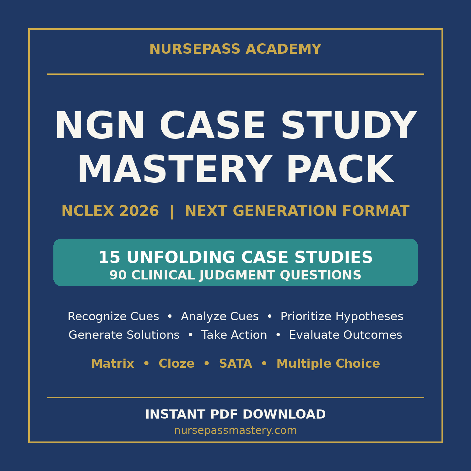 NGN Case Study Mastery Pack by NursePass Academy — 15 unfolding NCLEX 2026 case studies with 90 NGN questions (cover)