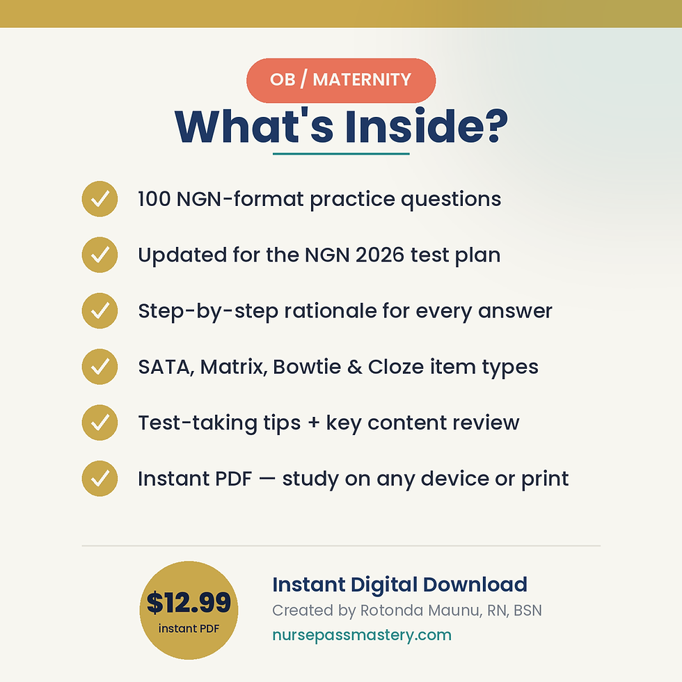 Thumbnail: OB Maternity NCLEX 2026 practice question bank — product image 3 by NursePass Academy — 100 NGN-format questions with rationales, instant PDF download