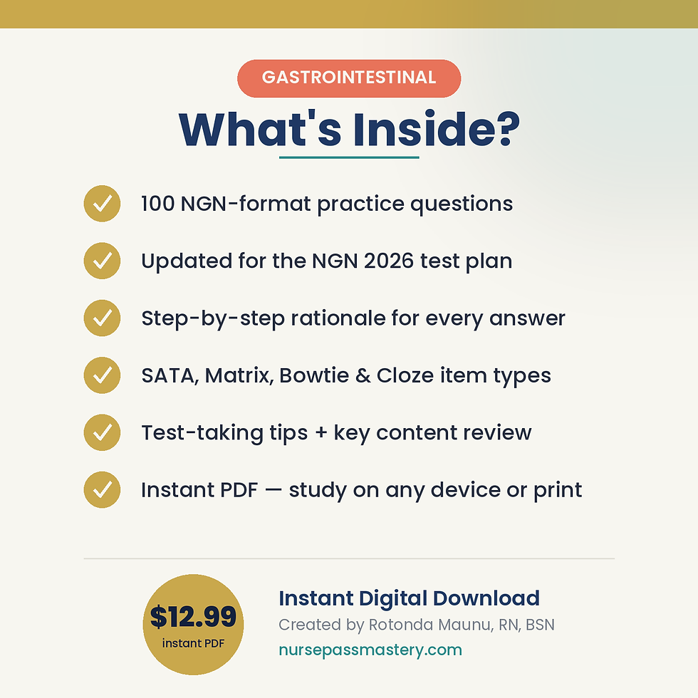 Thumbnail: Gastrointestinal NCLEX 2026 practice question bank — product image 3 by NursePass Academy — 100 NGN-format questions with rationales, instant PDF download
