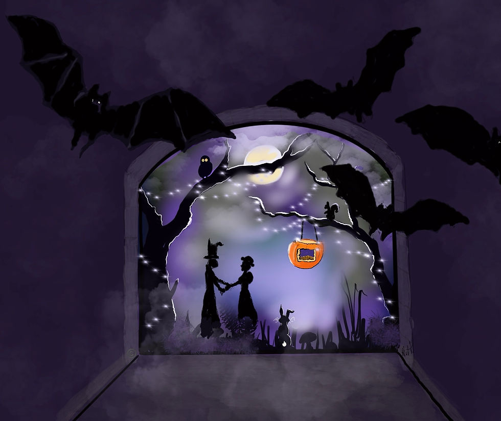 Looking out onto a moonlit scene, everything in silhouette . Trees with owl and squirrel, fairy light (or maybe fairies) a rabbit watches from fungi strewn floor. A pumpkin hangs from a tree. And bats fill the air.