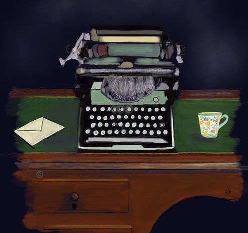 illustration of an old Edwardian typewriter, a letter and cup of tea