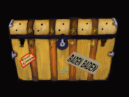 Watercolour of a travel trunk circa 1900s with stickers on saying First Class & Baden Baden. Breathing Holes in the lid.