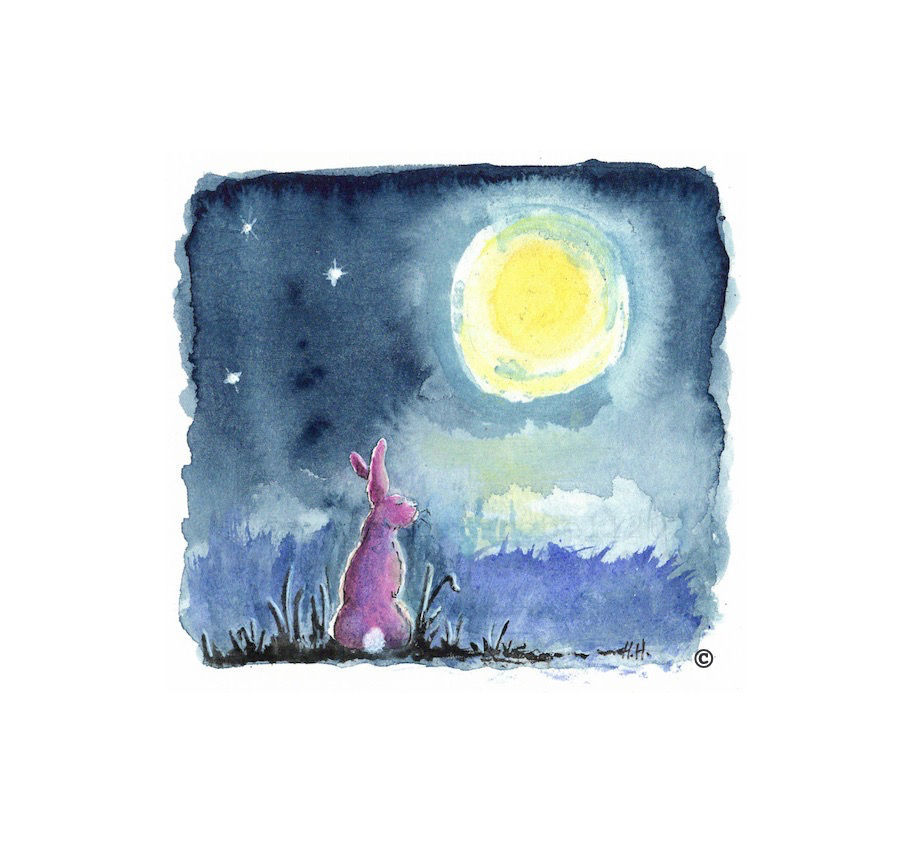 Print of watercolour illustration featuring a Hare looking up at the full moon