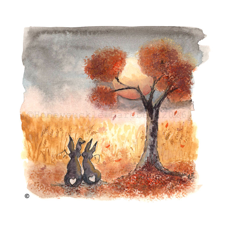 Print of watercolour illustration featuring two hares snuggled together under a tree With a full moon in the background