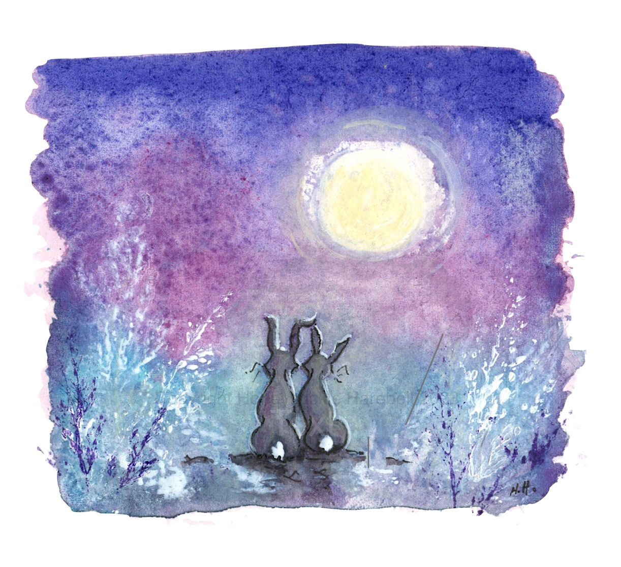 Print of watercolour illustration featuring two Hares besotted With the full moon rising before them