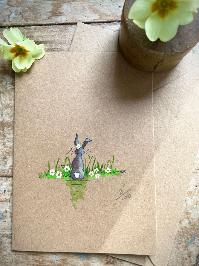 hand painted Hare with primroses