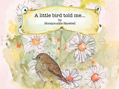 illustration of front cover of picture book entitle a little bird told me by Honeysuckle Harebell. with a young fluffy bird foreground with daisies