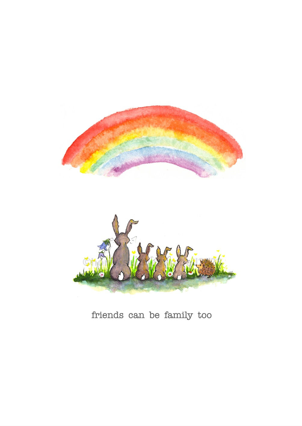 Print of watercolour illustration featuring 3 Hares and a hedgehog With a rainbow overhead