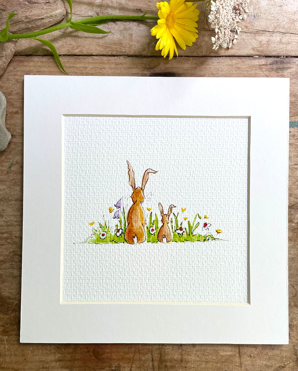 mounted print of watercolour illustration featuring an adult Hare and a young Hare side by side looking out over a meadow