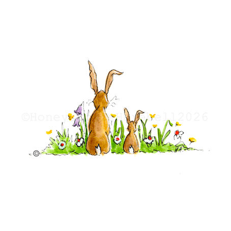 illustration of a little & grown up Hare in a summer meadow 