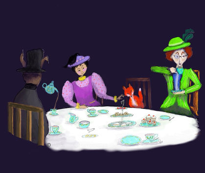 Meeting of Teat Time Club various members and a Fox sit around tea table . A teapot pours unaided. 