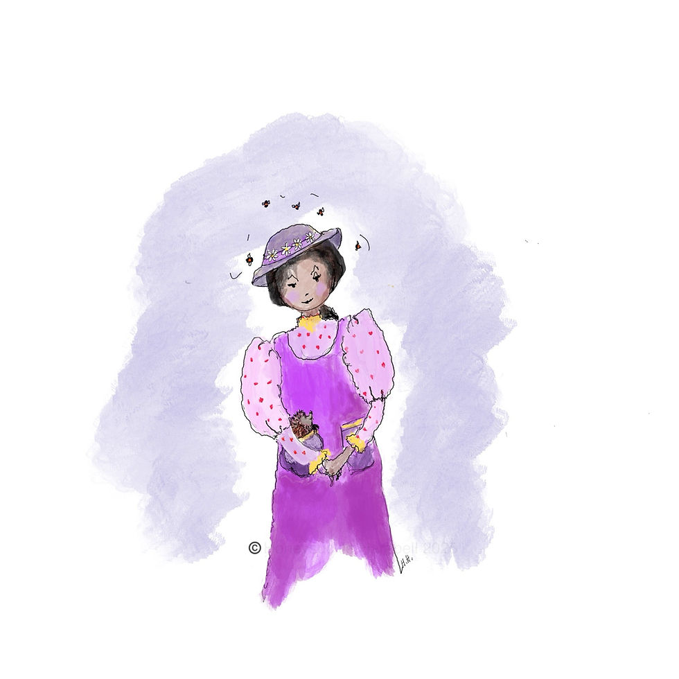 An Edwardian young woman in violet attire with hedgehog in pocket & bees flying around her bonnet.